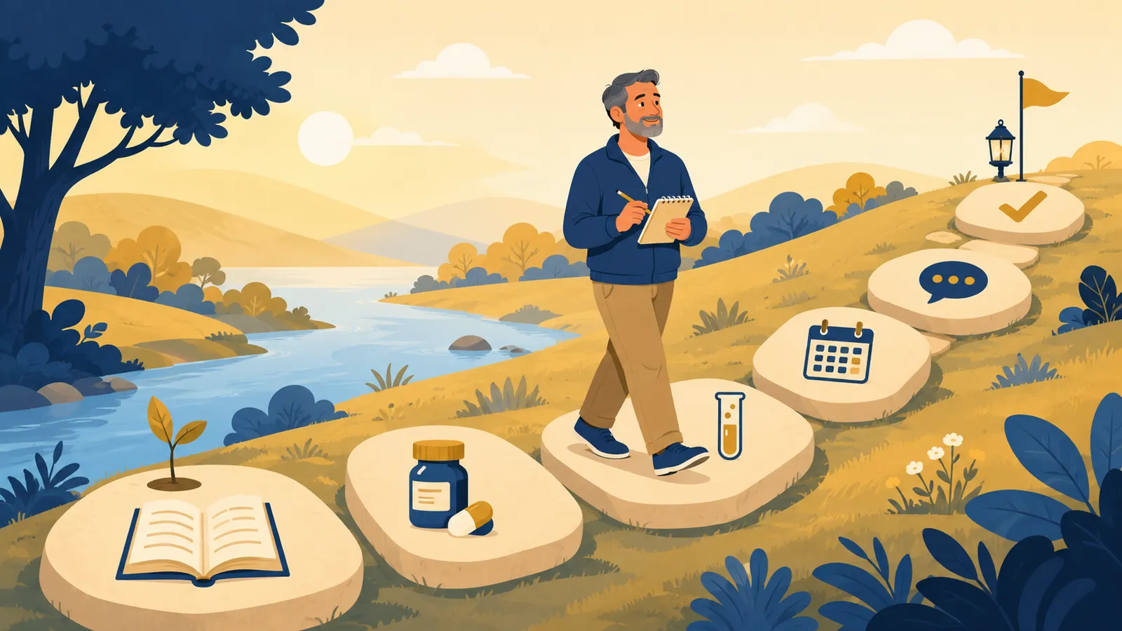 Illustration of a person with a notepad walking a path of stepping stones marked with a book, a medicine bottle, a test tube, a calendar, a message bubble, and a checkmark, leading toward a small flag.