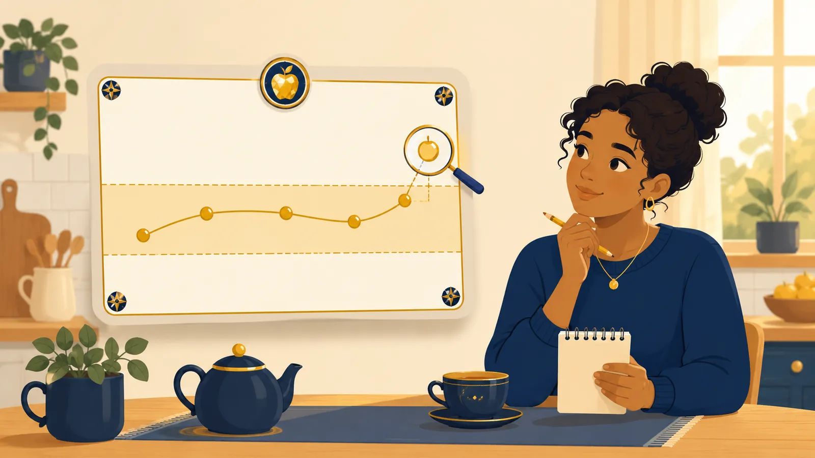 Illustration of a person with tea and a notepad calmly looking at a friendly chart where one gold dot sits just outside a shaded band, with a magnifying glass inviting a closer look.