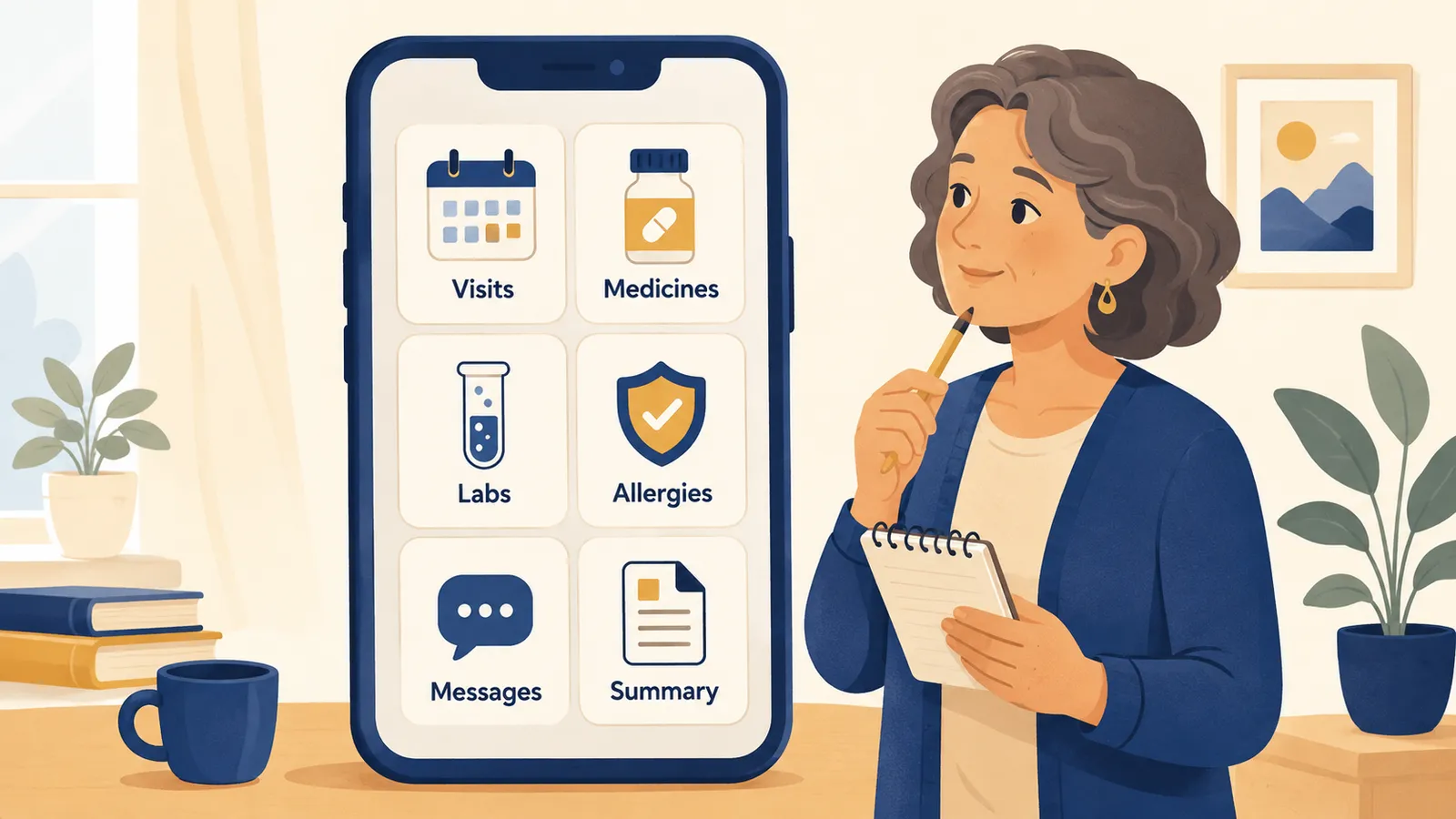 Illustration of a phone showing six parts of a patient portal: visits, medicines, labs, allergies, messages, and summary, with a person taking notes.