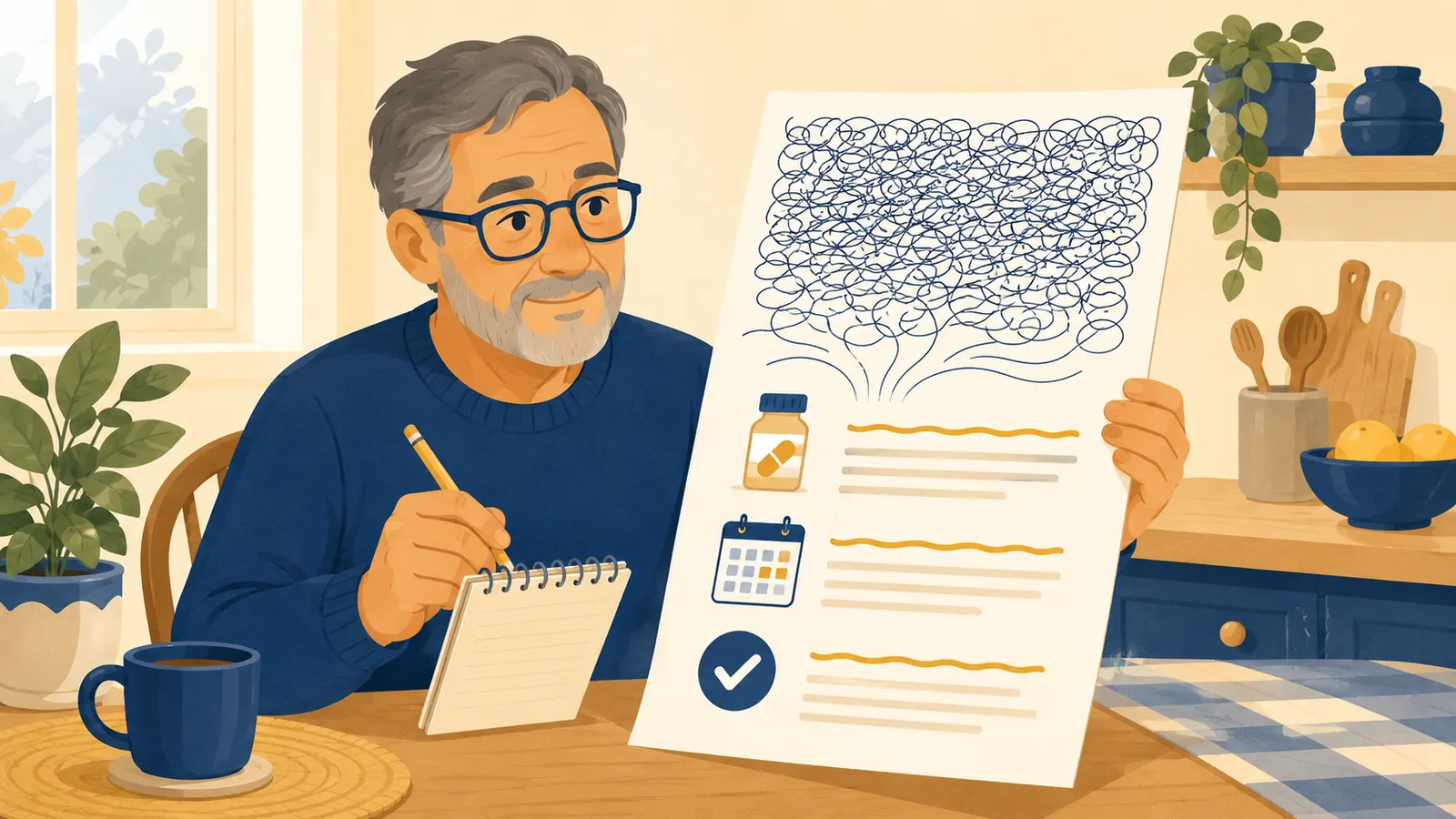 Illustration of a person taking notes while reading a health document where tangled lines turn into clear rows with a pill bottle, a calendar, and a checkmark.